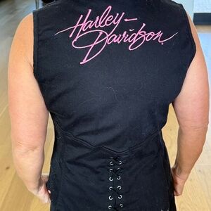 Harley Davidson Black and Pink Jean Vest, Size Large